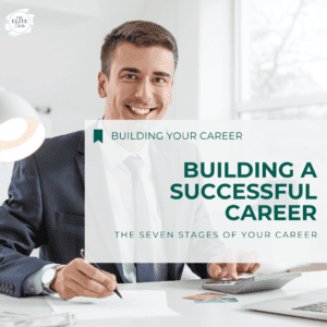the words BUILDING A SUCCESSFUL CAREER are superimposed over a graphic of a white. man in his 30s sitting at a desk, and smiling. he is wearing professional clothing