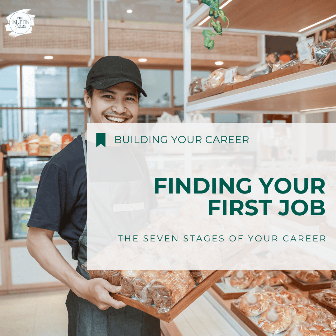 a young man is smiling, standing in a supermarket and holding a tray of baked good, ready to stock the shelves. the words FINDING YOUR FIRST JOB are shown