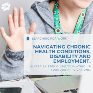 the words Navigating Chronic Health Conditions, Disability and Employment. are superimposed over a persons chest, shoulders and arm, they are wearing a grey jumper and a sunflower lanyard, and waving gently at the computer, on an online meeting