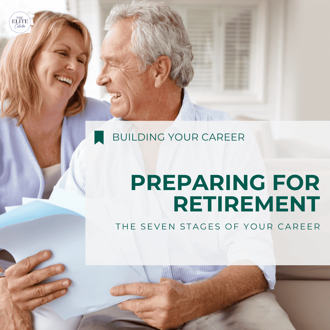 the words Blog graphic of seven stages of your career preparing for retirement are superimposed over a bright, light image of a man and woman laughing and smiling together. The man has grey hais, the woman is blonde, and they are looking at paperwork the man is holding