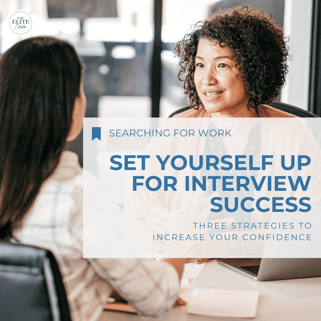 the words Set yourself up for interview success are superimposed over an image of two women conducting an informal job interview